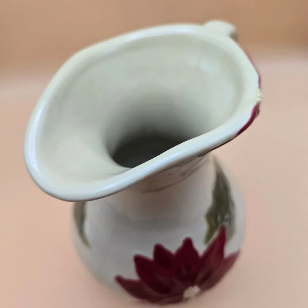 Christmas Poinsettia Ceramic Pitcher‎ Red Green Holiday Floral Serving Vase 8.5